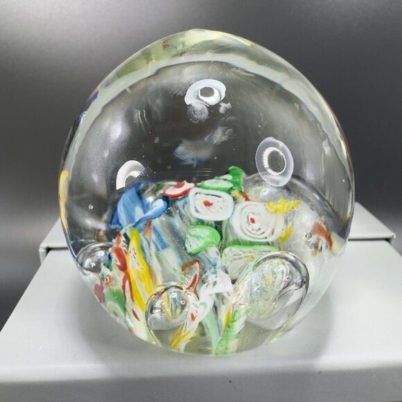 Hand Blown Art Glass Paperweight With Large Bubbles Multicolored Millefiori VTG - Picture 5 of 12